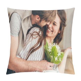 Personality  Young Couple Embracing With Bouquet Of Flowers Pillow Covers