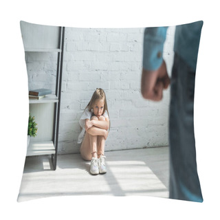 Personality  Selective Focus Of Scared Kid Sitting On Floor And Looking At Father At Home  Pillow Covers