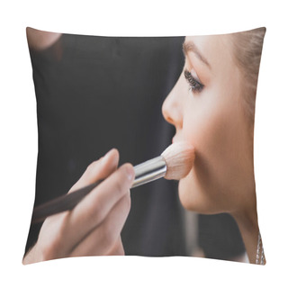 Personality  Cropped View Of Makeup Artist Doing Makeup To Attractive Model On Backstage Pillow Covers