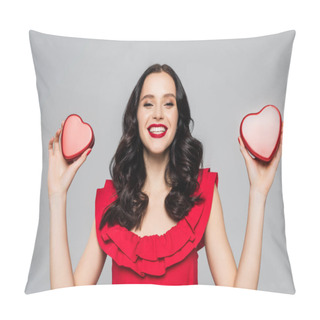 Personality  Cheerful Young Woman Holding Red Heart-shaped Boxes Isolated On Grey Pillow Covers