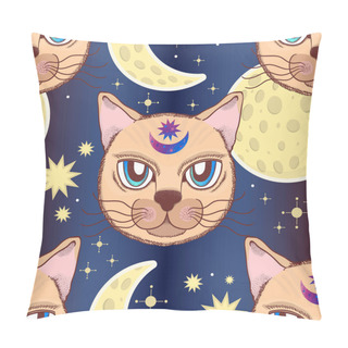 Personality  Vector Pattern With A Cat, Moon, Stars. Magical And Fairy. Suitable For Postcards, Printing, Posters, Textiles. Pillow Covers