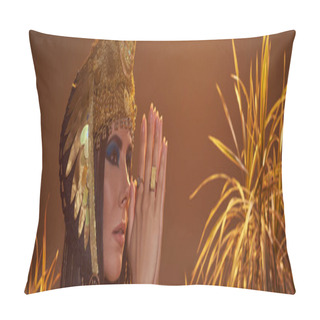 Personality  Woman In Egyptian Attire Doing Praying Hands Gesture Near Desert Plants Isolated On Brown, Banner Pillow Covers