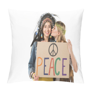 Personality  Two Bisexual Hippie Girls In Indian Headdress And Wreath Holding Placard With Inscription And Kissing Isolated On White Pillow Covers