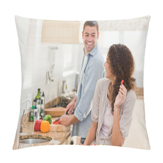 Personality  Beautiful Woman Looking At Her Husband Who Is Cooking Pillow Covers