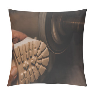 Personality  Cropped View Of Cobbler Polishing Shoe Sole On Grinding Machine Pillow Covers
