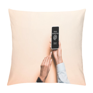 Personality  Cropped View Of Woman Pointing With Finger At Smartphone With Email Marketing Lettering On Pink  Pillow Covers