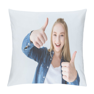 Personality  Smiling Teen Girl Showing Thumbs Up Pillow Covers