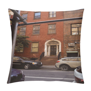 Personality  Cars Near Red Brick Building In Iconic Greenwich Village District In New York City, Street Scene Pillow Covers