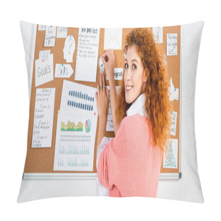 Personality  Panoramic Shot Of Attractive Businesswoman In Pink Sweater Putting Card On Wooden Board   Pillow Covers