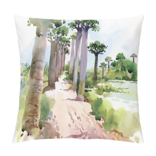 Personality  Watercolor Painting Of Summer Landscape Park Way With Trees Vector Illustration Pillow Covers