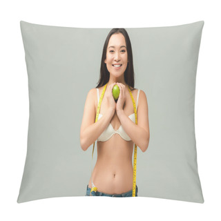 Personality  Smiling And Overweight Asian Girl Holding Apple Isolated On Grey  Pillow Covers