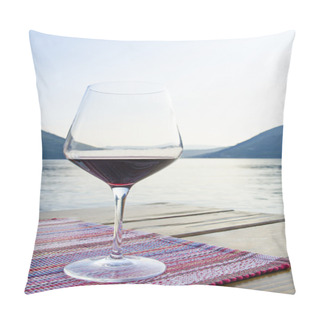 Personality  Close Up View Of The Glass Of Red Wine Against Blue Sea And Mountains During Golden Hour At Sunset. Dinner On Terrace In Cafe. Pillow Covers