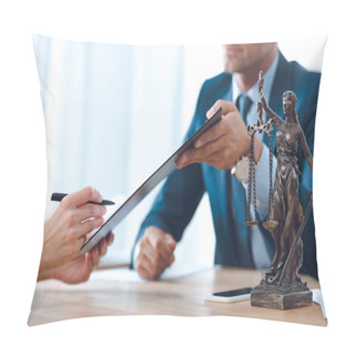 Personality  Cropped Shot Of Lawyer Holding Clipboard And Client Signing Document  Pillow Covers