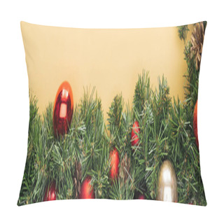 Personality  Top View Of Christmas Tree Branch With Red And Golden Baubles On Yellow Background, Panoramic Shot Pillow Covers
