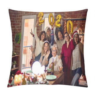 Personality  Beautiful Group Of Women Smiling Happy And Confident. Posing Around Christmas Tree Holding 2020 Ballons At Home Pillow Covers