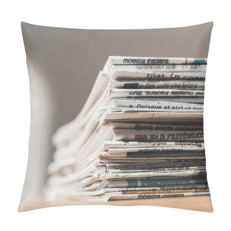 Personality  Selective Focus Of Different Print Newspapers In Pile On Wooden Table  Pillow Covers