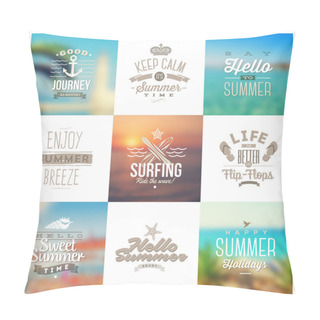 Personality Vector Set Of Travel And Vacation Type Emblems And Symbols On A Defocused Backgrounds Pillow Covers