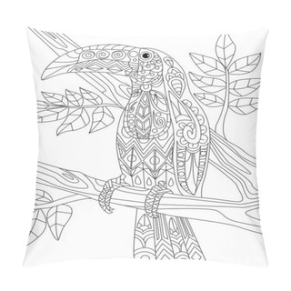 Personality  Macaw Resting On A Tree Branch With Small Leaves Colorless Line Drawing. Small Toucan Staying On Twig Coloring Book Page. Pillow Covers