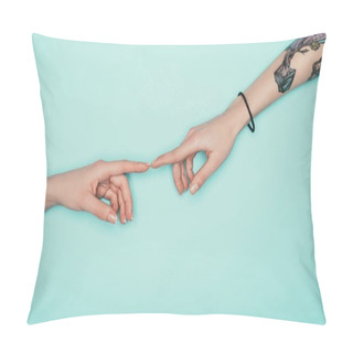Personality  Cropped Shot Of Women Touching Fingers Isolated On Turquoise Pillow Covers