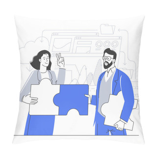 Personality  Flat Design Vector Business Concept. People Connecting Puzzle Elements. Symbol Of Teamwork, Cooperation, Partnership. Pillow Covers