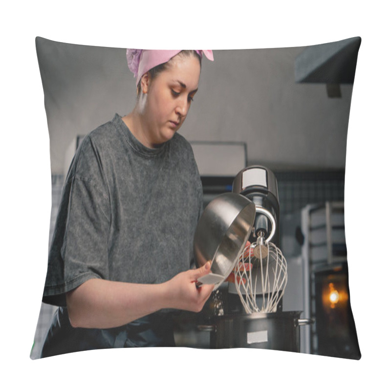 Personality  Backer In A Professional Kitchen Over An Iron Table A Baker Pours Flour Into A Mixer Pillow Covers