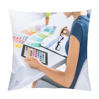 Personality  Woman Working With Color Samples For Selection Pillow Covers