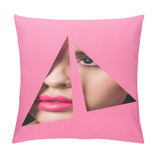Personality  Female Face With Pink Lips Across Triangular Holes In Paper Pillow Covers