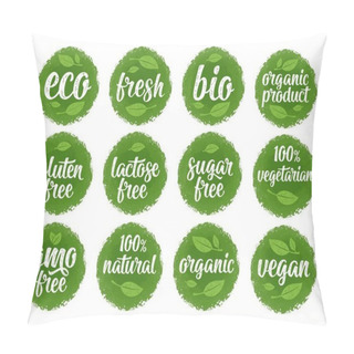 Personality  Gluten, Lactose, Sugar, Gmo Free, Bio, Eco, Fresh, Vegan, Vegetarian Calligraphic Lettering With Leaf, Cube, Drop. Vector White Vintage Illustration On Green Circle Sticker Sign 100 Organic Food Pillow Covers