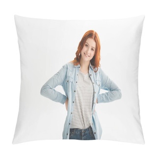 Personality  Beautiful Happy Redhead Teen Girl In Denim Clothes, Isolated On White Pillow Covers