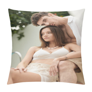 Personality  Thoughtful Woman Looking Away And Sitting Next To Handsome Boyfriend During Summer Vacation Pillow Covers