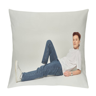 Personality  Redhead Queer Person In White T-shirt And Jeans Posing And Looking At Camera On Grey, Full Length Pillow Covers