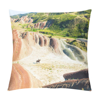 Personality  Brown Horse With Rider From Distance Surounded By Stunning Views Of Rainbow Hills And Valleys In Republic Of Georgia Pillow Covers