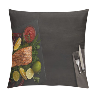 Personality  Top View Of Grilled Salmon Steak, Pieces Of Lime And Lemon, Sauce And Cutlery On Black Surface Pillow Covers