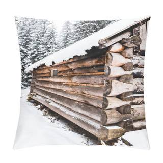 Personality  Close Up View Of Old Wooden House Near Pine Trees Forest Covered With Snow Pillow Covers