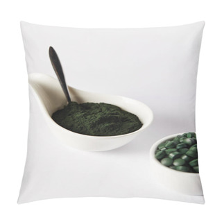 Personality  Close Up View Of Spoon, Spirulina Powder And Spirulina Pills In Bowls On Grey Background  Pillow Covers