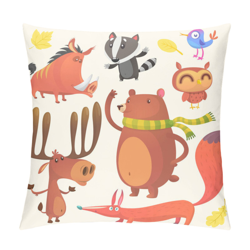 Personality  Collection of cartoon forest animals images. Vector set of animal icons isolated on white. Vector illustration of boar, badger, blue bird, elk moose, bear, owl and fox pillow covers