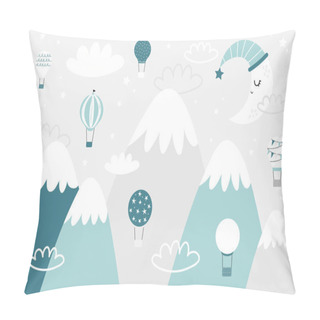 Personality  Vector Children Hand Drawn Doodle Mountain Illustration In Scandinavian Style. Mountain Landscape, Clouds, Air Balloons And Cute Moon. Kids Wallpaper. Mountainscape, Baby Room Design, Wall Decor. Pillow Covers