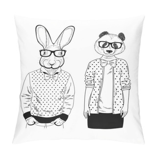 Personality  Cute Panda Girl And Smart Rabbit In Glasses. Creative Set Of Hand Drawn Animals With Human Body. Vector Illustration For Coloring Book. Pillow Covers