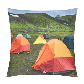 Personality  Trekking In Iceland. Camping With Tents Near Mountain Lake Pillow Covers