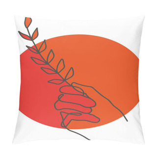 Personality  Sketch Of Female Hand Holding The Laurel Plant Stem On An Orange Background, Friend And Peace Concept Pillow Covers