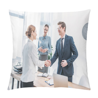 Personality  Cheerful Recruiter Shaking Hands With Woman Near Colleague In Office Pillow Covers