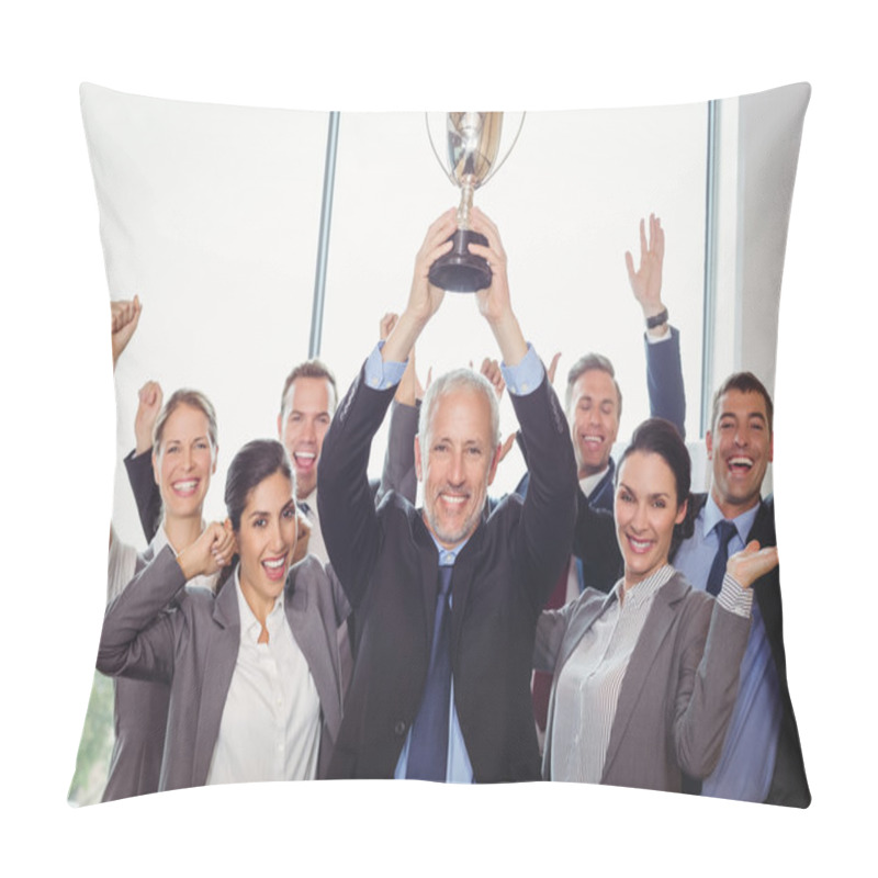Personality  Winning business team with gold trophy pillow covers