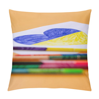 Personality  Blurred Felt Pens Near Paper With Drawn Heart And Ukrainian Flag Isolated On Yellow  Pillow Covers