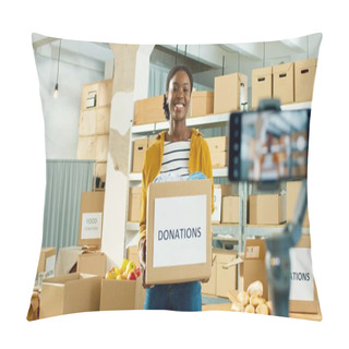 Personality  Joyful Young Beautiful African American Woman Volunteer Standing In Warehouse Holding In Hands Donations Box And Speaking Recording Video Blog On Smartphone. Charity Worker, Social Work Concept Pillow Covers