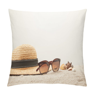 Personality  Close Up View Of Straw Hat, Sunglasses And Seashells On Sand On Grey Backdrop Pillow Covers