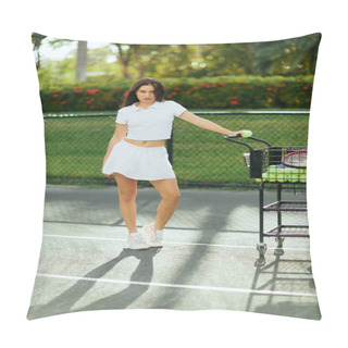 Personality  Pretty Tennis Player, Sporty Young Woman With Brunette Hair Standing In White Outfit With Skirt And Polo Shirt Near Cart With Balls, Blurred Background, Sun-kissed, Tennis Court In Miami  Pillow Covers