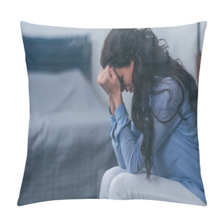 Personality  Selective Focus Of Woman Sitting And Covering Face With Hands While Crying At Home With Copy Space Pillow Covers