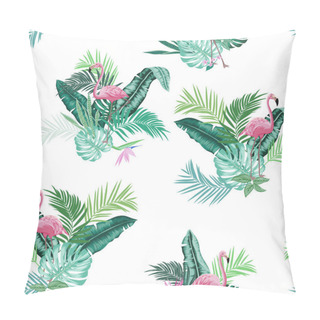 Personality  Vectors Seamless Lush Tropical Leaves Pattern With Pink Flamingos, Vertical Orientation, Exotic Plants And Birds, Monstera Leaves, Banana Leaf, Areca Palm Leaves, Bird Of Paradise, Flowers. Conversational Design Pillow Covers