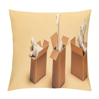 Personality  Panoramic Shot Of Toy Hippopotamus, Rhinoceros And Giraffe In Cardboard Boxes On Yellow Background, Animal Welfare Concept Pillow Covers