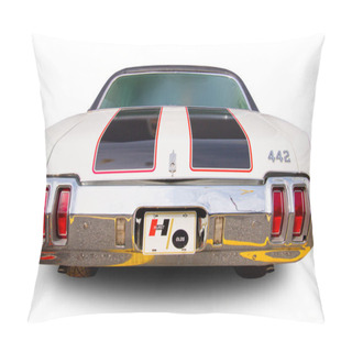Personality  Classical American Vintage Car Oldsmobile 442 1970 Isolated On White Background. Back View. Pillow Covers